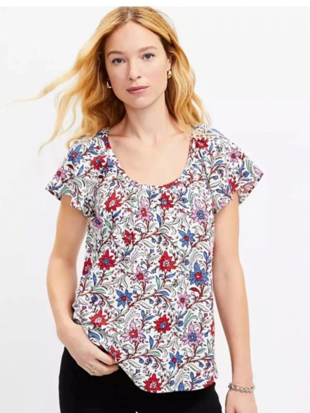 LOFT Spring Bloom Shirred Scoop Neck Top - Size M